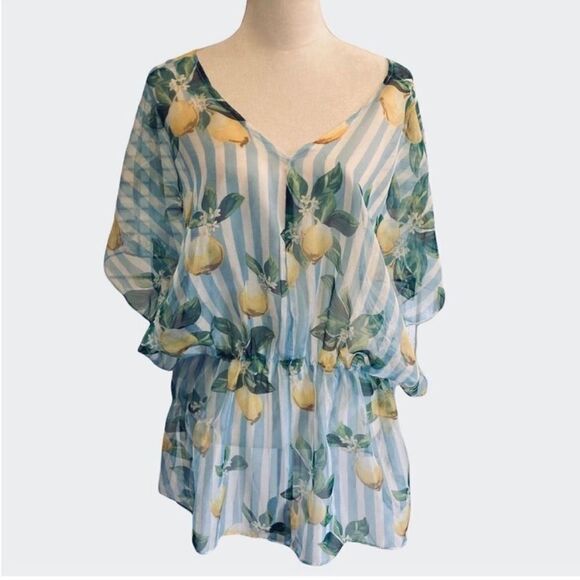 West Loop Blue And White Stripe Lemon Print Swim Coverup, One Size, New - Picture 1 of 3